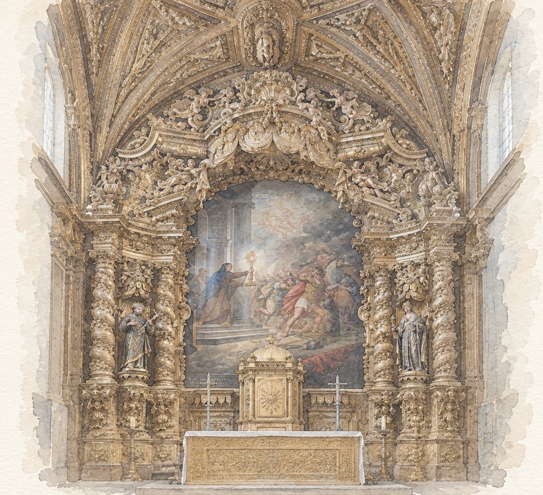 Acuarela del interior dorado de la Igreja de Santa Clara, lugar de la ceremonia